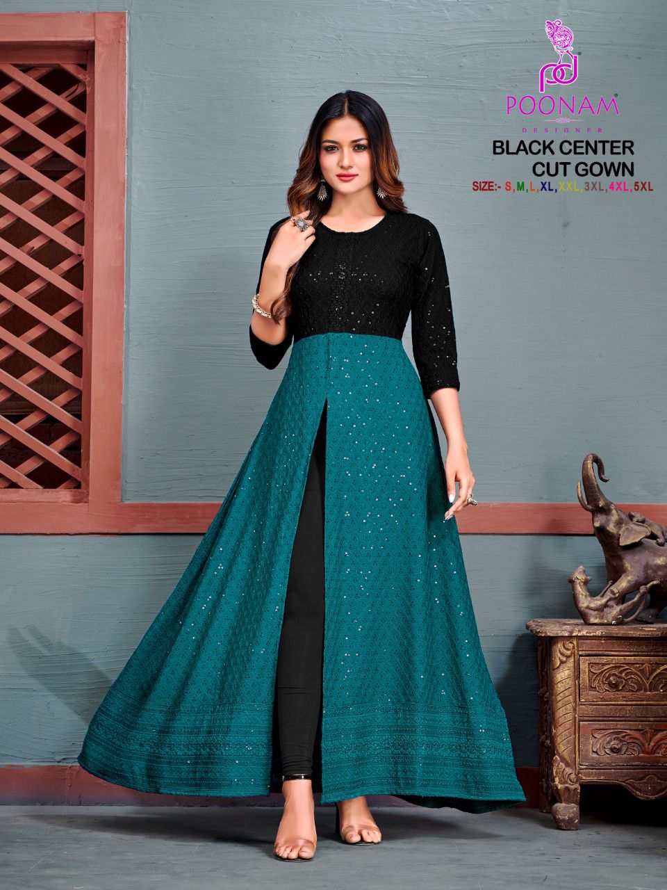 Poonam Black Center cut Gown Wholesale Designer Collection